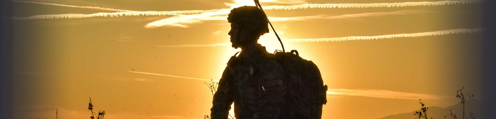 soldier standing in profile, silouetted against a yellow sunlit sky.